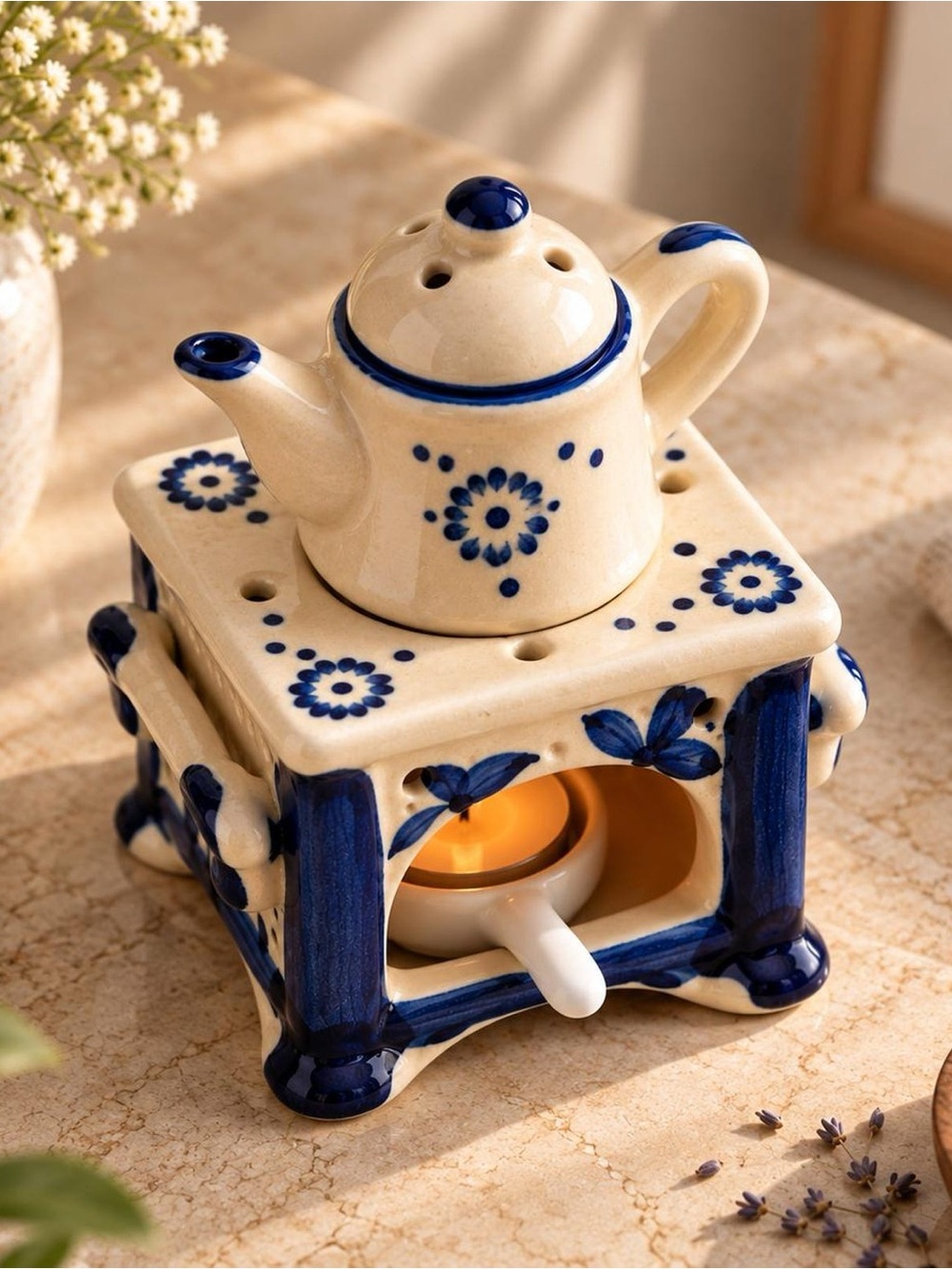 Ceramic Blue and Cream Teapot Oil Warmer - Home Kitchen Hand Painted